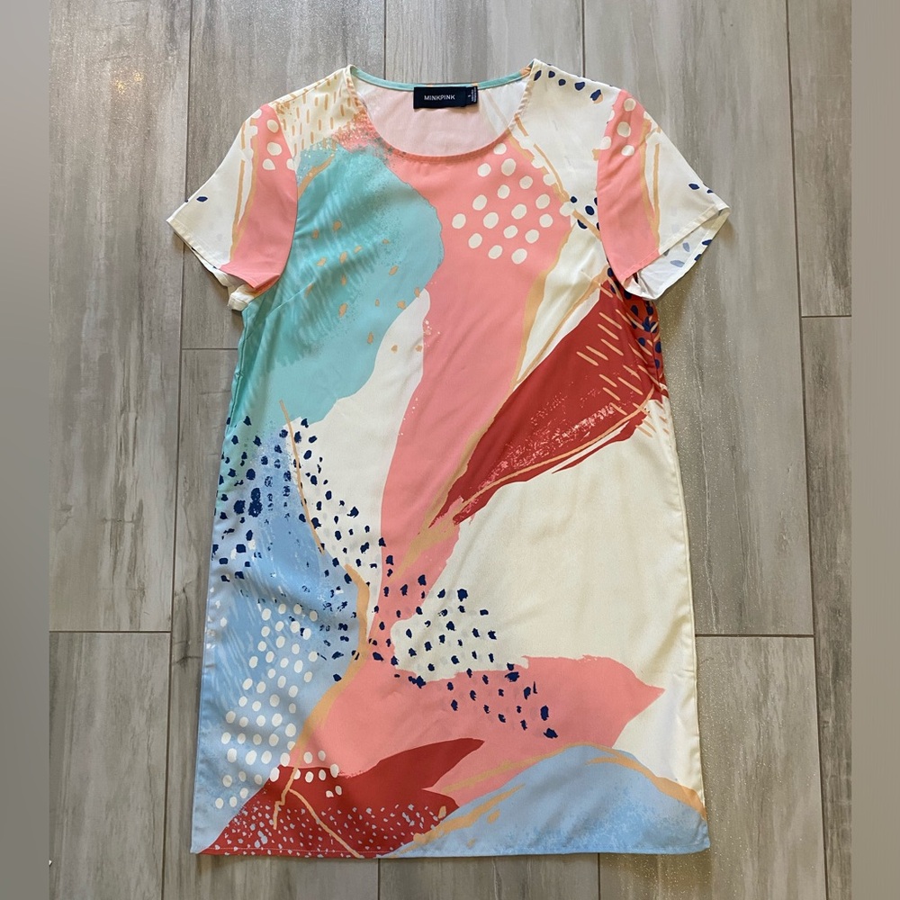MinkPink Lightweight Colorful Cream Abstract Short Sleeve Mini Dress, Women’s S